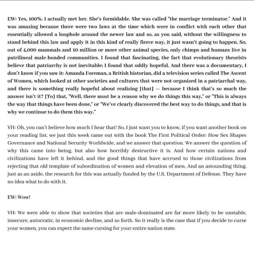 01 april: At the beginning of last month, when life for some of us hadn't yet completely shifted, I was honoured to have spoken with Dr. Valerie Hudson about her book, Sex and World Peace. We spoke about what inspired her to write her book and the realisation that how we’ve treated women is actually the template for how we’ve treated our Earth. Swipe to read the full piece. 🌍 ✌🏽 Photo by talented - @macksfilms
