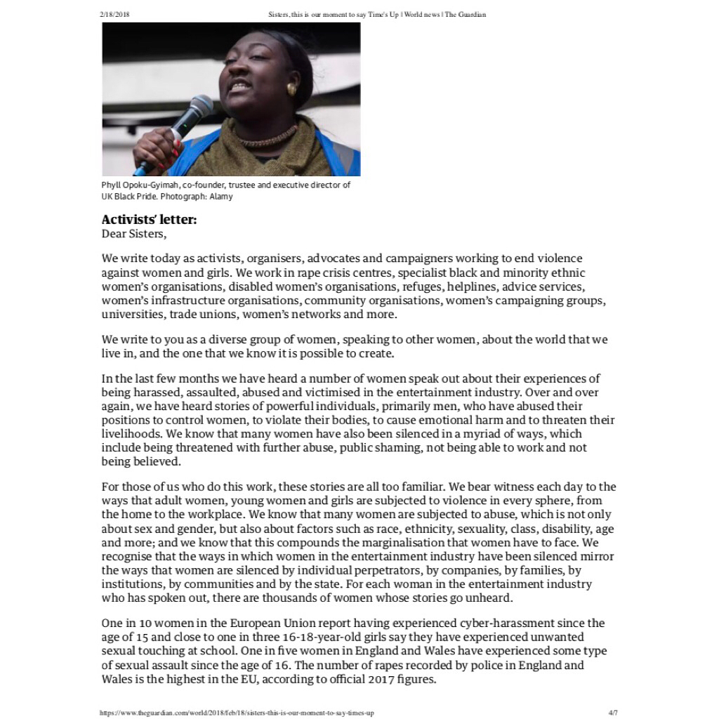 19 februari: All of us are responsible for creating change, whatever industry you work in. We're asking everyone to help create a world we can be proud of - one that is safe, just and equal. Please join us and donate to the new Justice and Equality Fund, which will support frontline organisations that are working to end a culture where harassment and abuse are commonplace. 
Together we can spread our message, support the strong people of all genders who are taking such personal risks, and make sure that this is one of those watershed moments in history where things never go back to the way they were before. This is the moment we stand together and say. #TIMESUP.

We hope you’ll stand with us.
