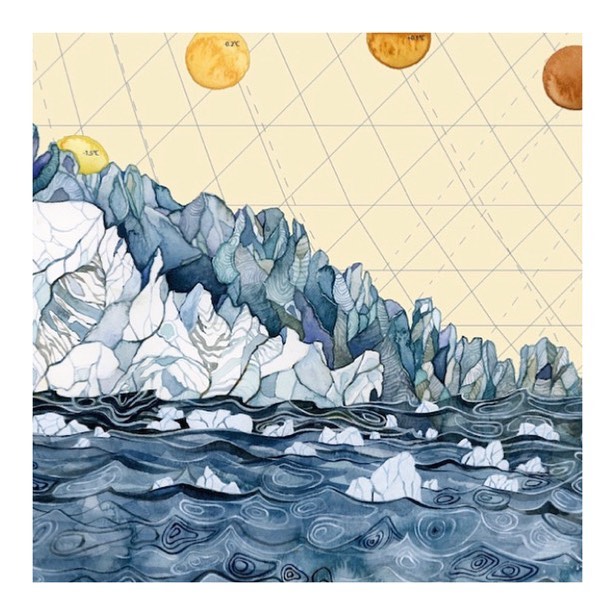 19 oktober: •Climate Change Data, Watercolor and Colored Pencil, 2015• by @jillpelto
“Climate Change Data uses multiple quantities: the annual decrease in global glacier mass balance, global sea level rise, and global temperature increase. I wanted to convey in an image how all of this data must be compared and linked together to figure out the fluctuations in Earth’s natural history. One of the reasons scientists study what happened in the past is to understand what may happen now as a result of human-induced climate change. I represented this by illustrating that glaciers are melting and calving, sea levels are risings, and temperatures are increasing. The numbers on the left y-axis depict quantities of glacial melt and sea level rise, and the suns across the horizon contain numbers that represent the global increase in temperature, coinciding with the timeline on the lower x-axis.”
